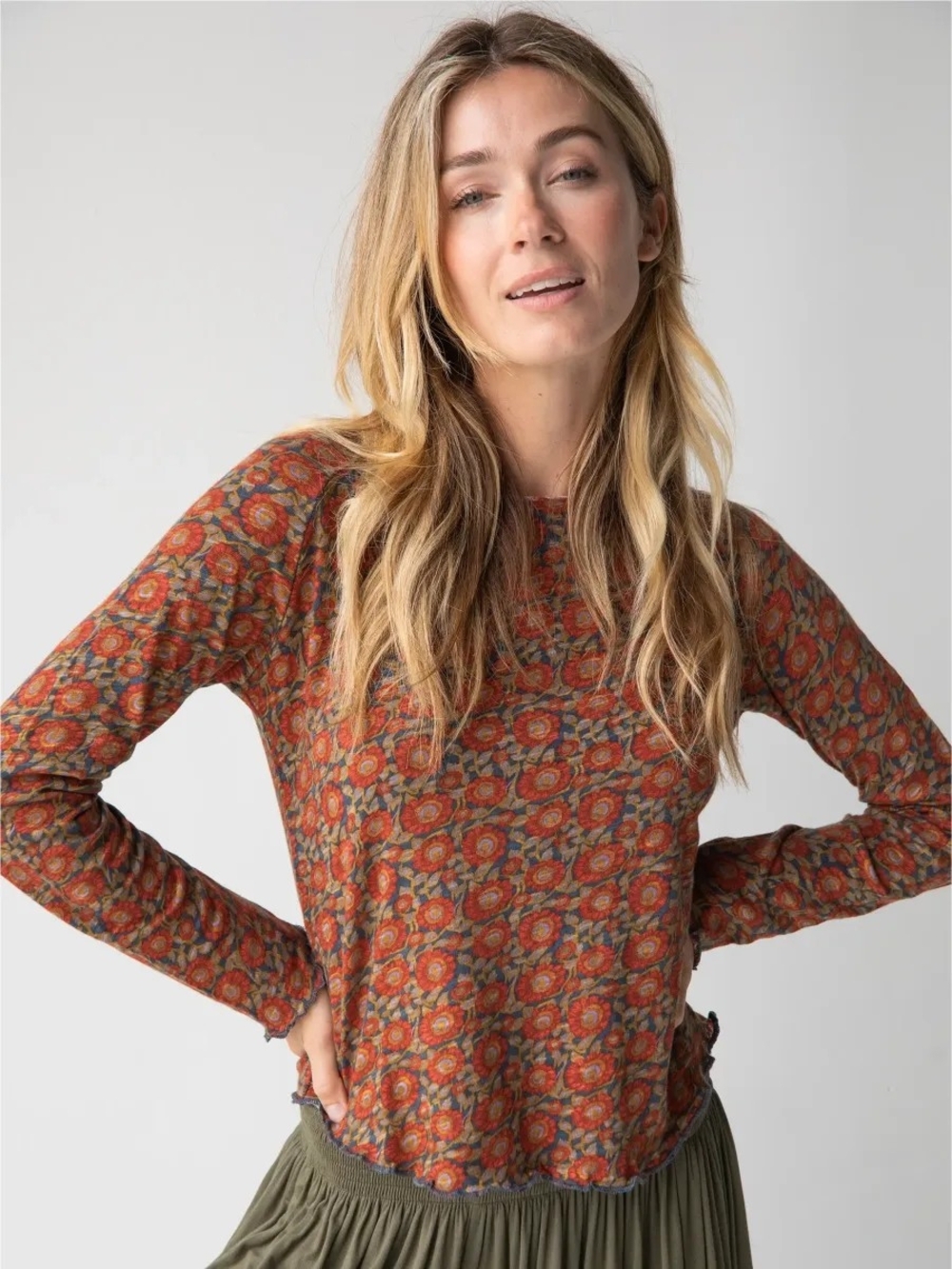 Natural Life LILY KNIT Earthy Bohemian Botanical Long Sleeve Tee Shirt Size L